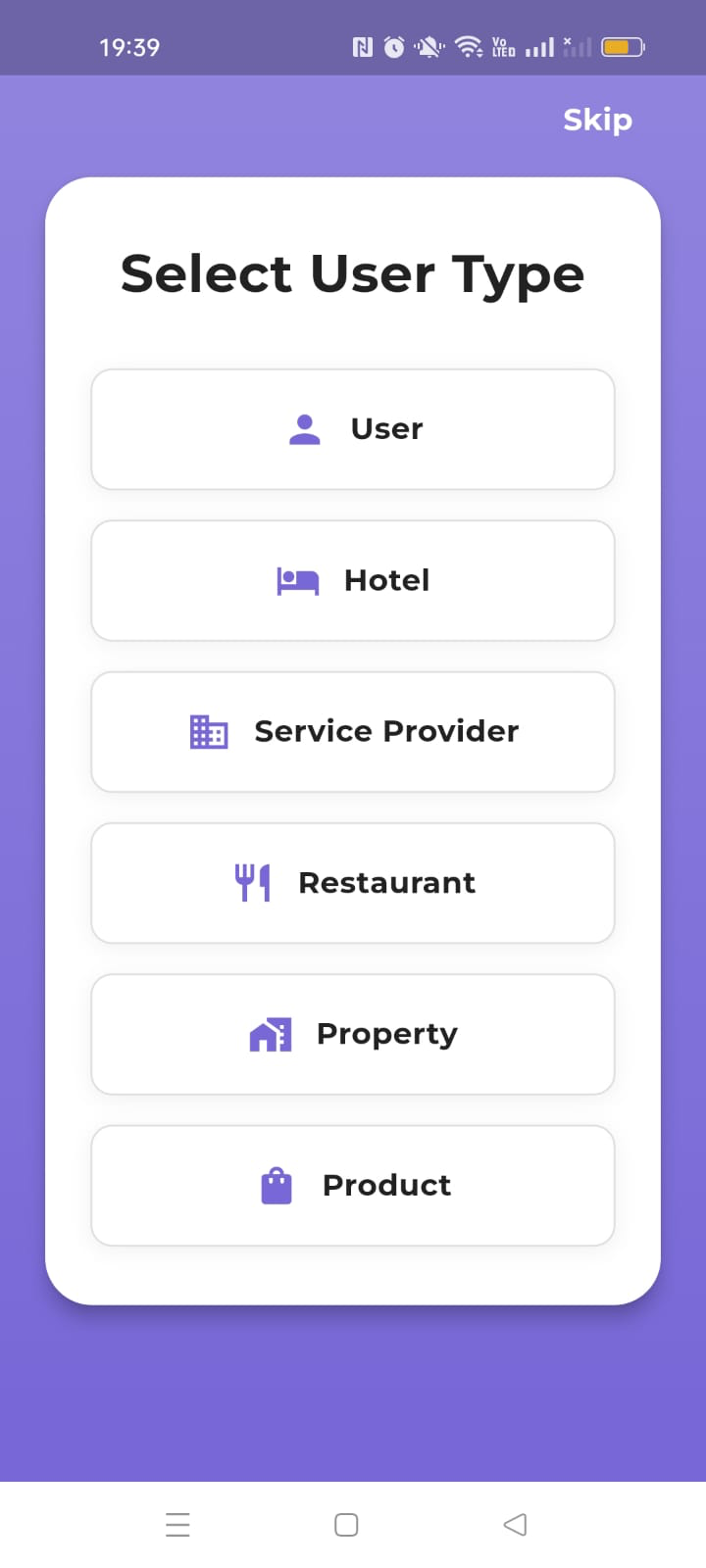 RylN user type selection screen